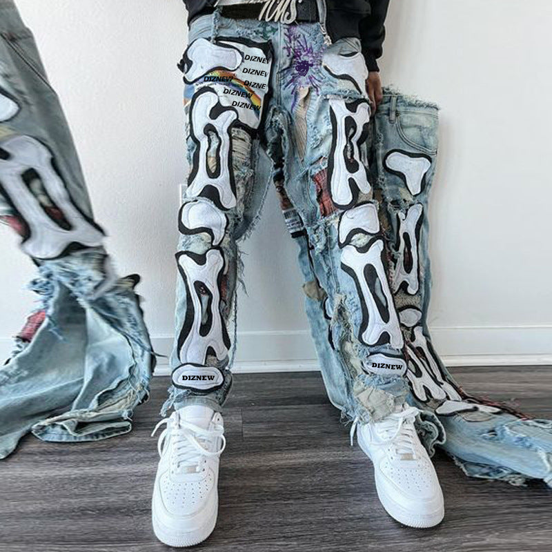 Wholesale Street Hiphop Skull Patch Design Ripped Washed Trendyy Tight Jeans for Men