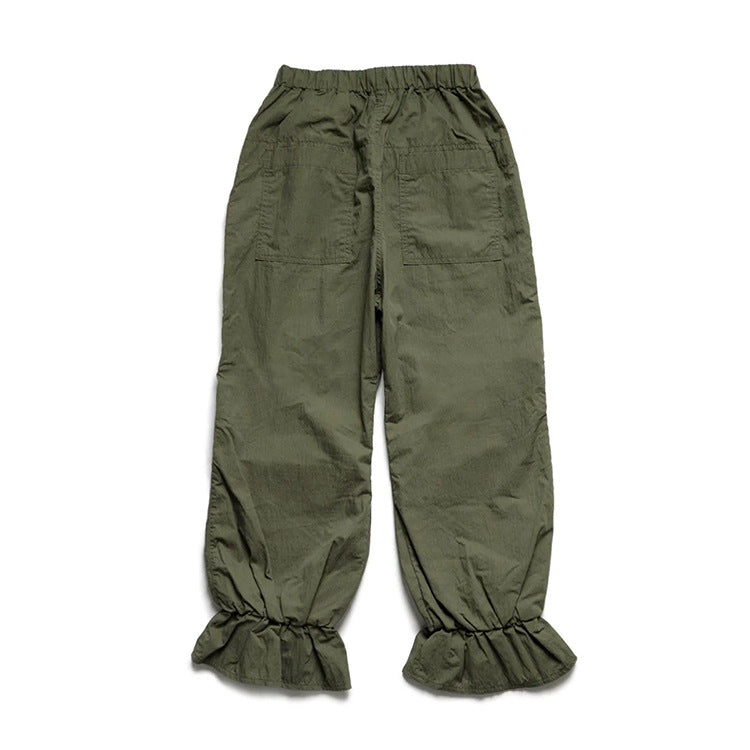 Factory Customized Japanese Style Military Green Hem Lace Leg Casual Pants for Women Lightweight Casual Pure Cotton Loose Cargo Pants