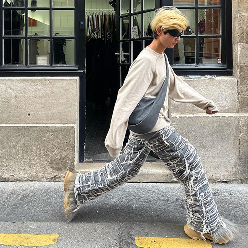Winter New Heavy Cat Whisker Jeans Hip-Hop Handmade Distressed Loose Pants Men's Trend