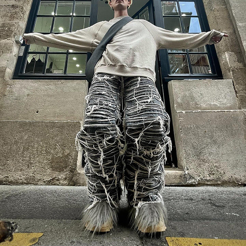 Winter New Heavy Cat Whisker Jeans Hip-Hop Handmade Distressed Loose Pants Men's Trend