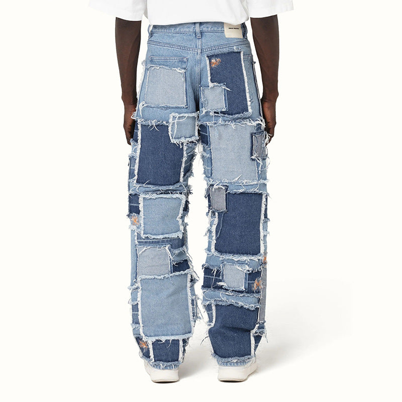 American Retro Hip-Hop Patchwork Deconstructed Washed Stacked Youth High Street Elastic Flared Jeans
