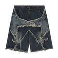 American Retro Niche Star Patch Tassel Denim Shorts Loose Hip-Hop Street Style Knee-Length Short