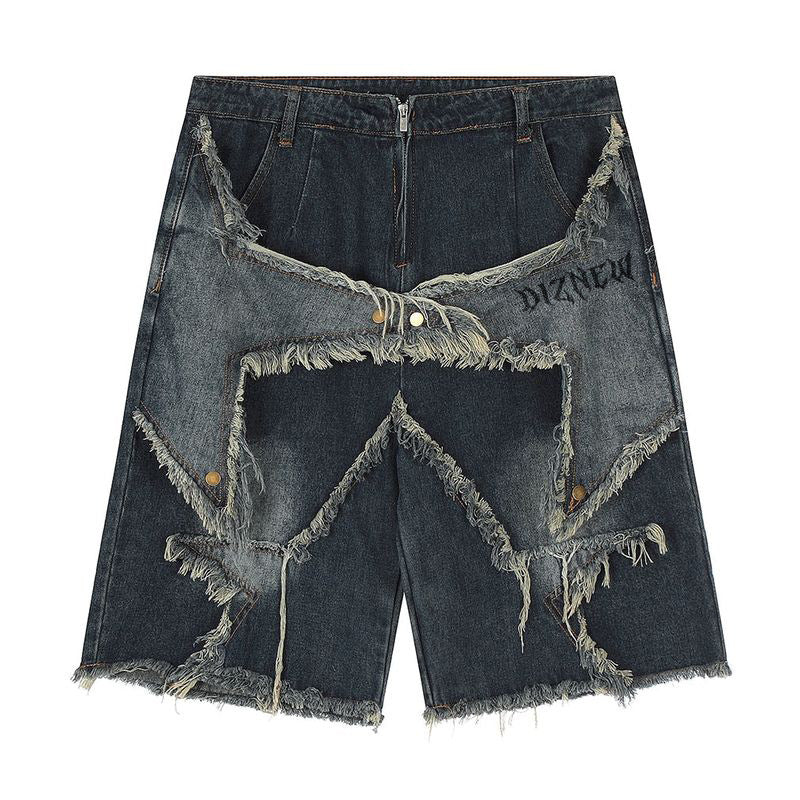 American Retro Niche Star Patch Tassel Denim Shorts Loose Hip-Hop Street Style Knee-Length Short