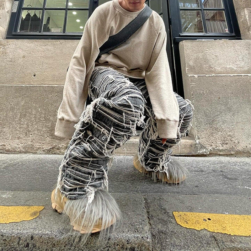 Winter New Heavy Cat Whisker Jeans Hip-Hop Handmade Distressed Loose Pants Men's Trend