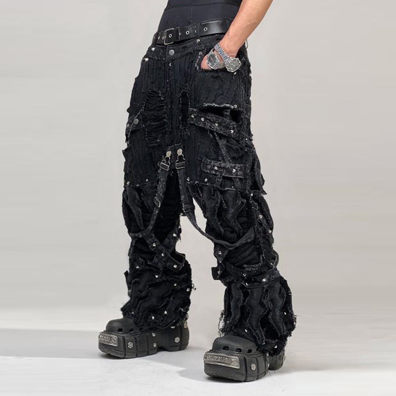 Heavy Craftsmanship Dune Wasteland Style Multi-Zip Multi-Pocket Loose Straight-Leg Flared Cargo Jeans